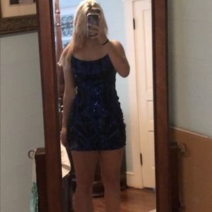 Black Windsor Homecoming dress with blue sequins